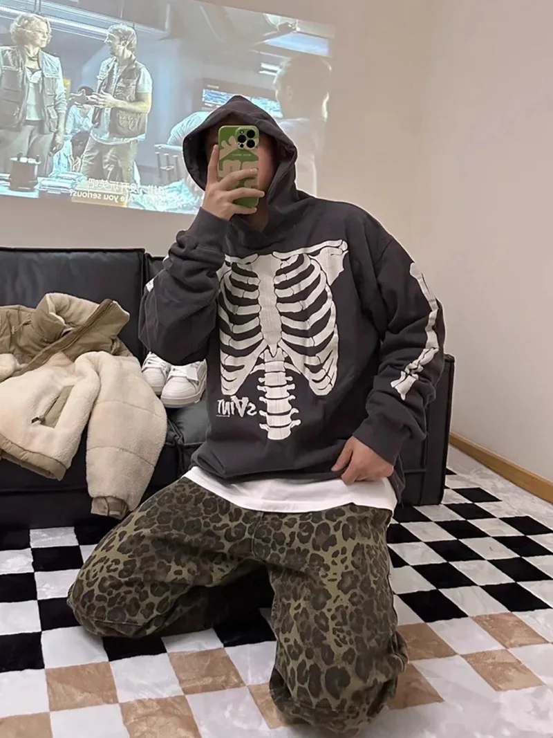 جودة عالية سانت الهيكل العظمي المطبوعة النمط الأمريكي الرجعية فضفاض هوديس المتناثرة #3