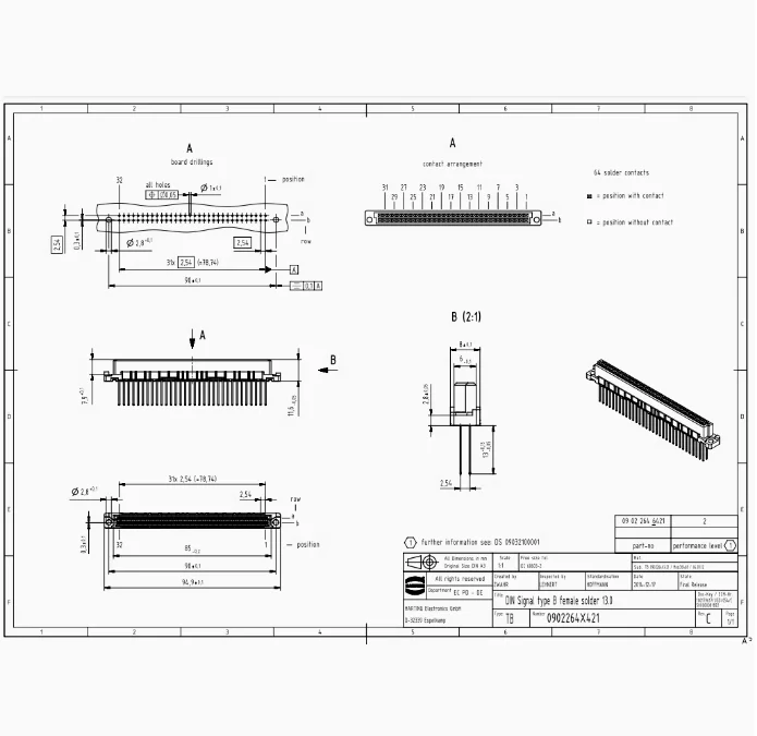 09022646421 HARTING 2A64-pin female connector Wave soldering wiring method Straight