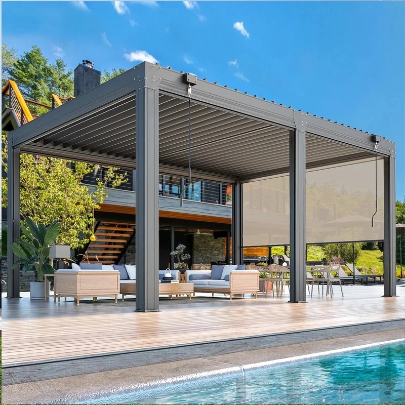 Aluminum Louver Pergola Retractable Roof Patio Gazebo Waterproof Remote Control System Powder Coated Balcony