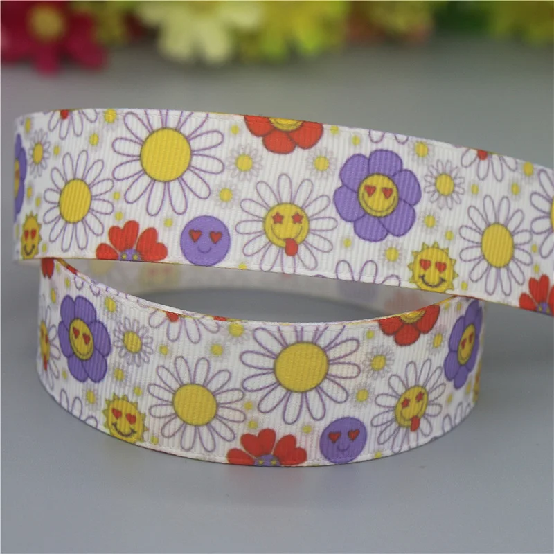 DHK 7/8\'\' 5yards Flower Sunflower Printed Grosgrain Ribbon Accessories Material Headwear Decoration DIY Sewing Craft C2057