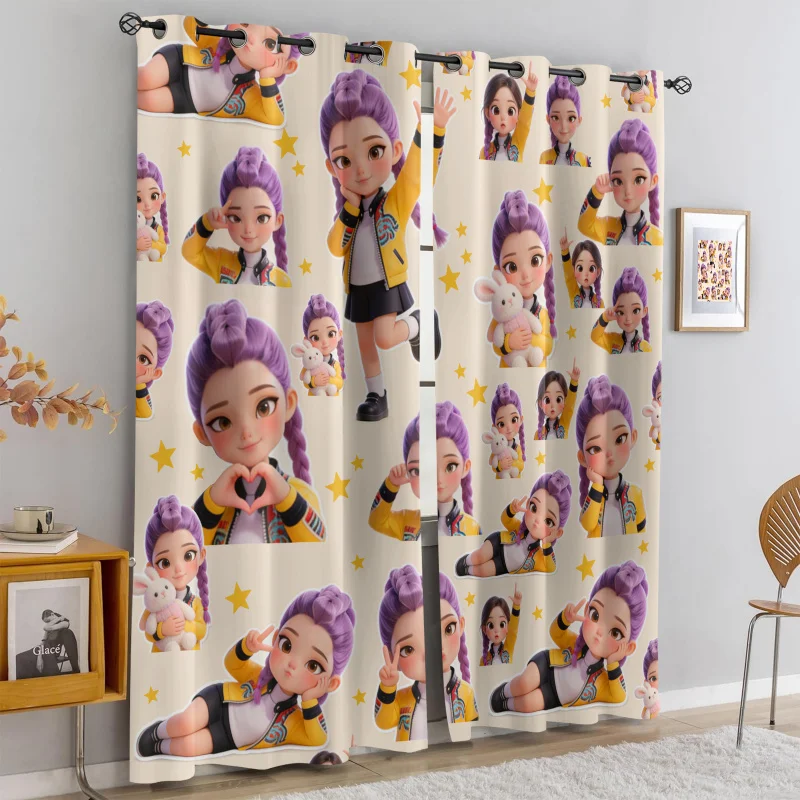 2pcs Kpop Rumi Cartoon Blackout Curtains 85% Light Blocking Durable Polyester Window Drapes Machine Washable Modern Home Decor