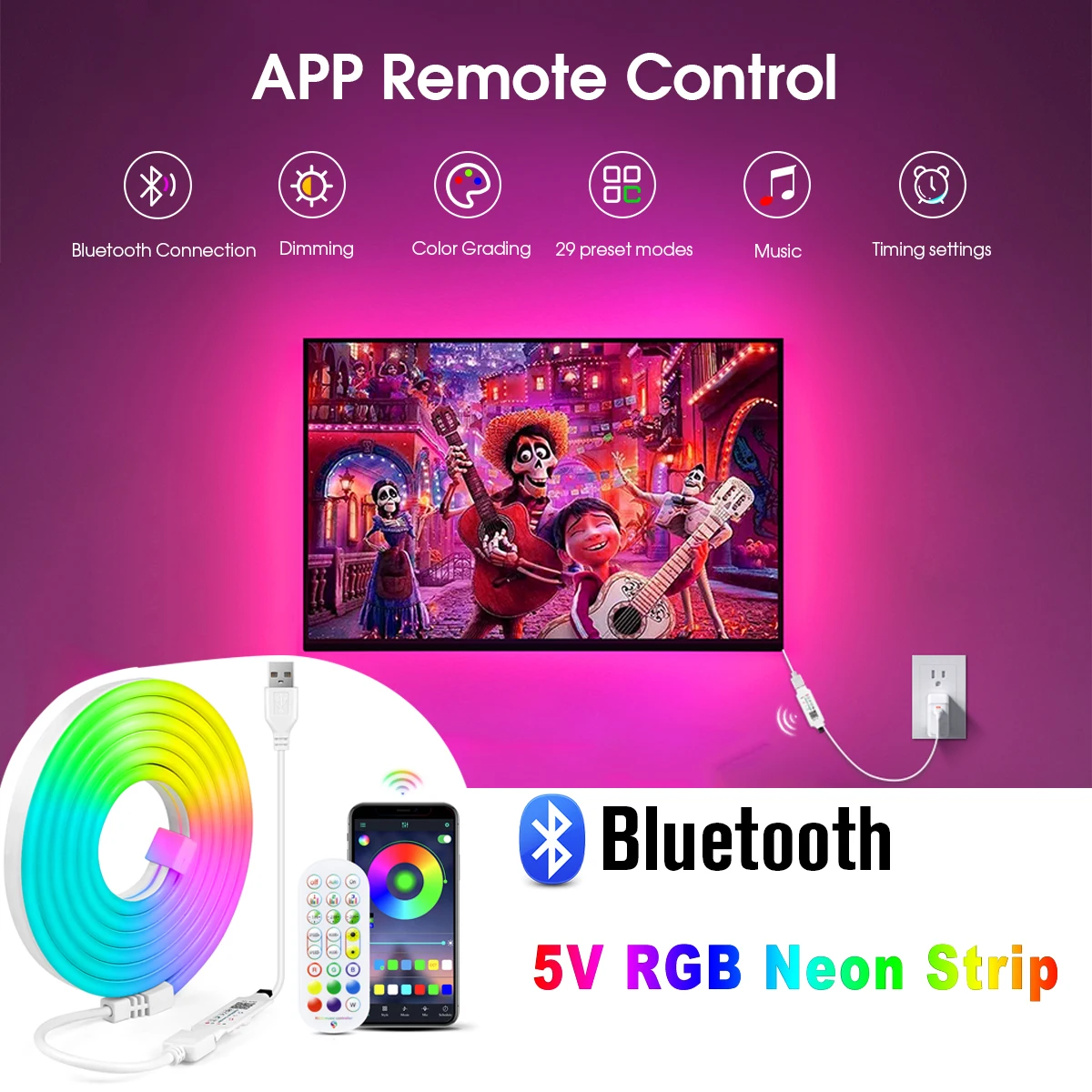 Smart Bluetooth APP Control RGB Neon Strip Light Music Sync Mode Time Setting Multiple Preset Scenarios For Home Room Party Deco