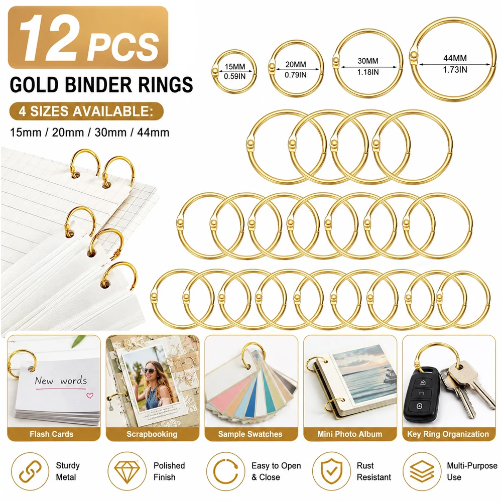 12Pcs Gold Metal Ring Binder Set Size 15mm-44mm, DIY Loose Leaf Book Hoop Open Office Binding Supplies Album Fine Writing Tools