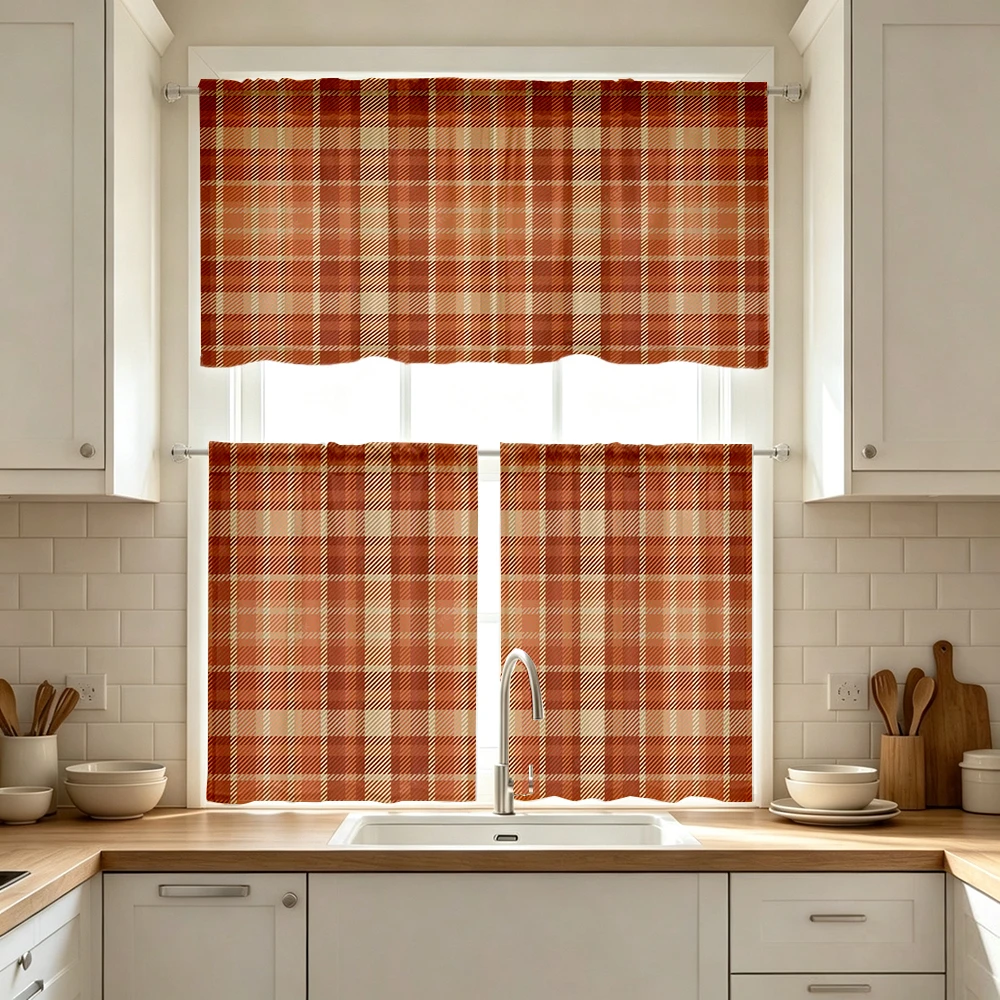 Farmhouse Kitchen Curtains, Red Orange Fall Plaid, Digital Print, Kitchen Dining Room, Rod Pocket Polyester, Home Decor