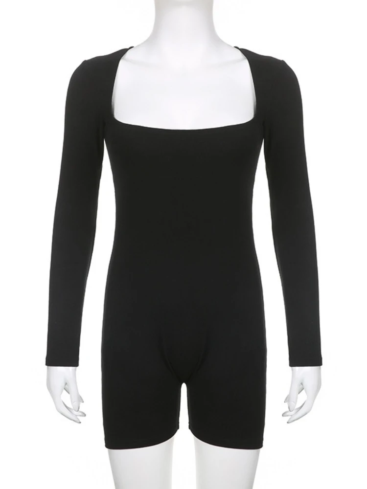 SsTss 여성 캐주얼 점프수트 솔리드 컬러 긴팔 바디수트 스퀘어 넥 슬림 스트레치 롬퍼 반바지 트렌디 Y2K 의상