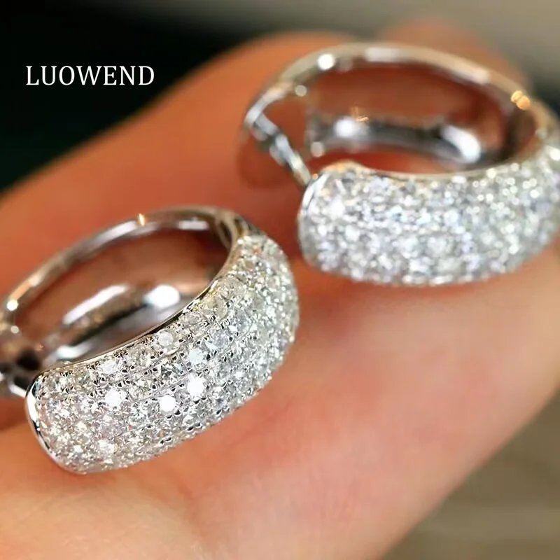 

LUOWEND Real 18K White Gold Hoop Earrings Real Diamond Earrings Engagement Party Jewelry Fashion INS Style