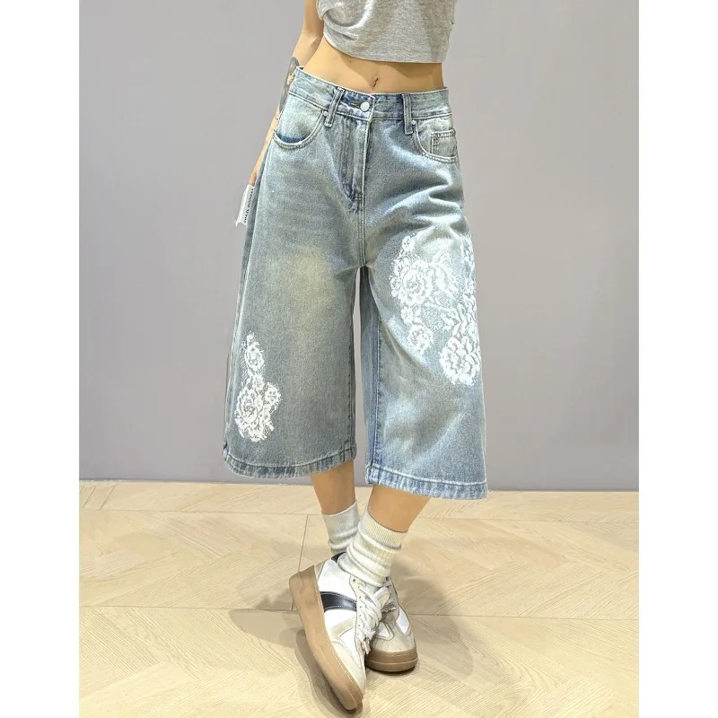 Y2K American Vintage Heavy Industry Jeans stampati in pizzo Donna High Street Design Si sente pantaloni larghi e sottili a sette punti a gamba larga