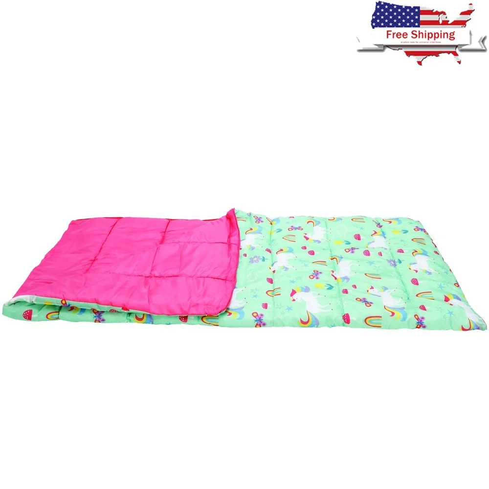 

Kids Sleeping Bag Unicorn Print 50F Rating Lightweight Polyester Camping Gear Zipper Closure Breathable Comfortable Easy Carry