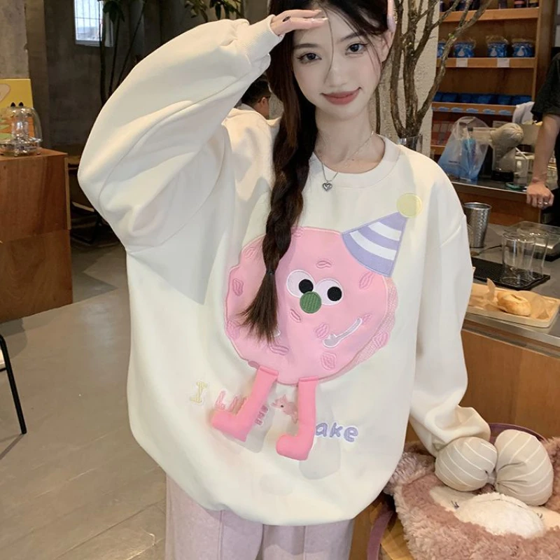 

Women Print Warm Sweatshirt Sweet Cartoon Fleece Thicked Round Collar Fleece Oversized Pullover Winter Casual Clothes Sweatshirt