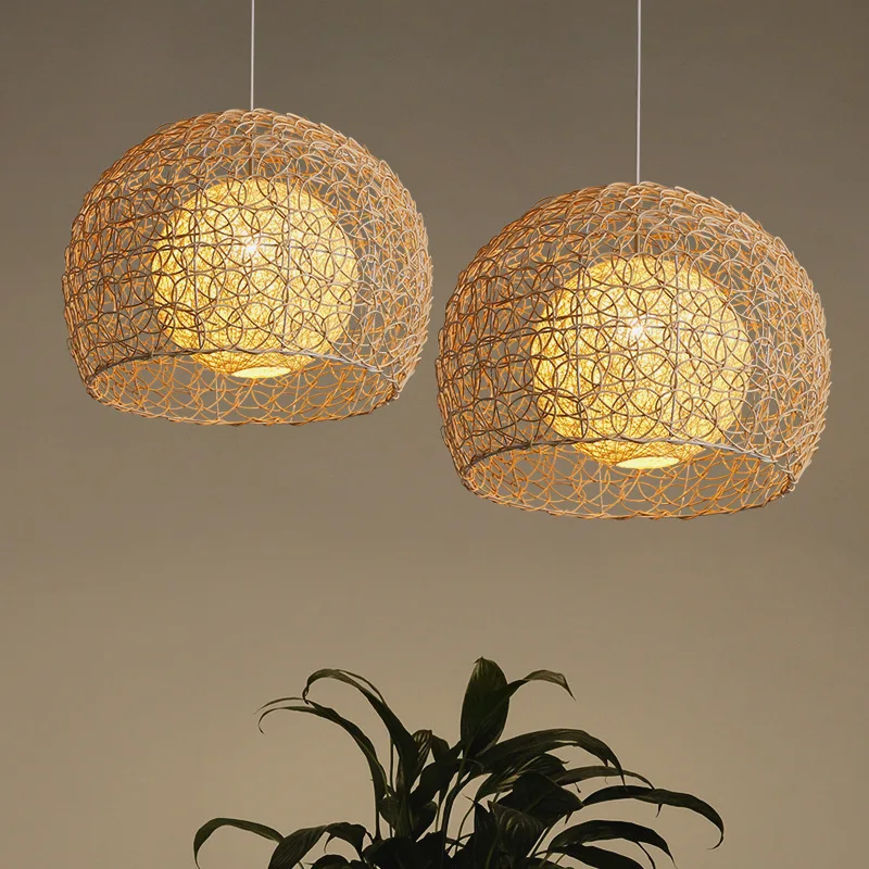 Japanese Style Rural Rattan Woven Chandelier Simple and Creative Personalized Bedroom Living Room Circular Hemp Ball LED Lamp