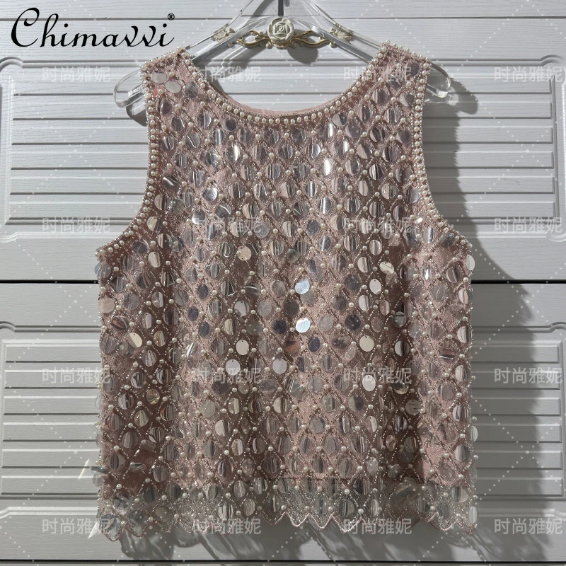ヘビービッグスパンコール高級ベストパールトップ多用途女性の夏の新ファッションノースリーブクルーネックパフォーマンス服ルーズタンク