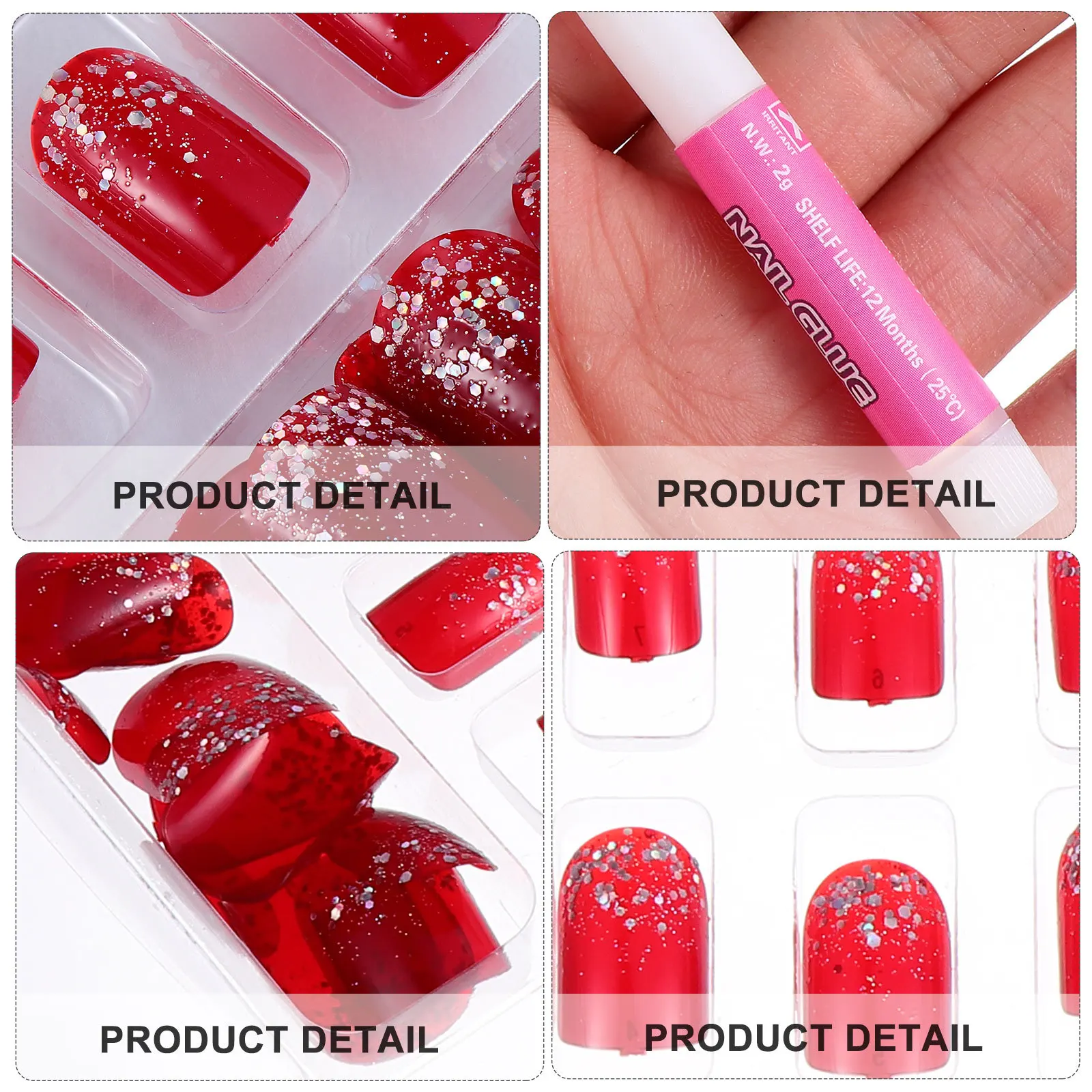 

48Pcs Short Square Red Glitter False Nails Full Cover Fake Nails for Women Perfect for Party Wedding Prom False Nail