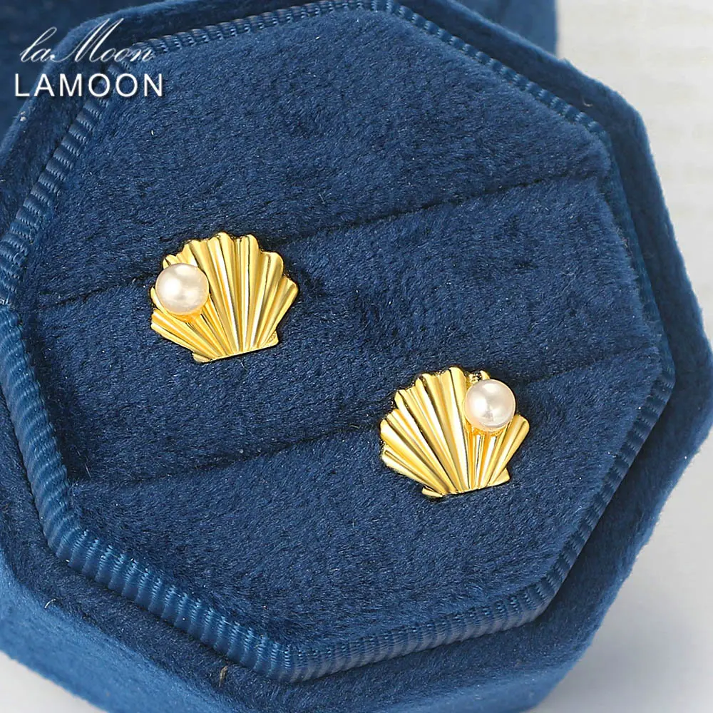 LAMOON 925 Silver Natural Fresewater Pearl Shell Stud Earring For Women 14K Gold Plated Fine Jewelry Mermaid Party Gift EI121