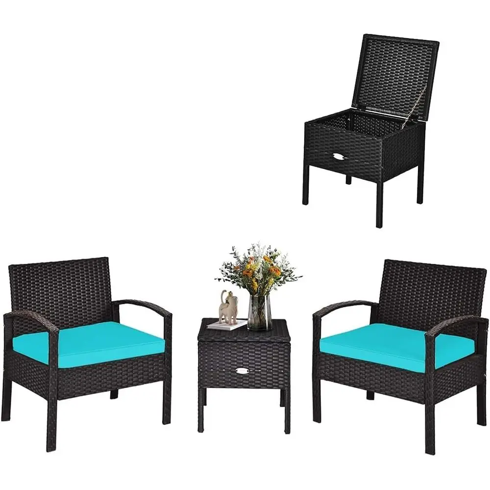 

3-Piece Outdoor Wicker Bistro Set with Cushions, Storage Coffee Table, Suitable for Patio, Garden, and Poolside