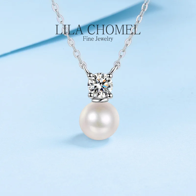 

Luxury 0.5 carat Real Moissanite Necklace for Women Wedding Classic PT950 Platinum 8mm Pearl Pendant Natural Freshwater for lady