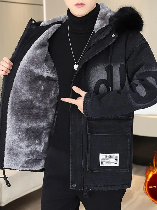 

Thiened Fce Hooded Denim Jaet Men's Autumn Winter Faion Urban Sle Windproof Long Sve Polyester Cotton Coat