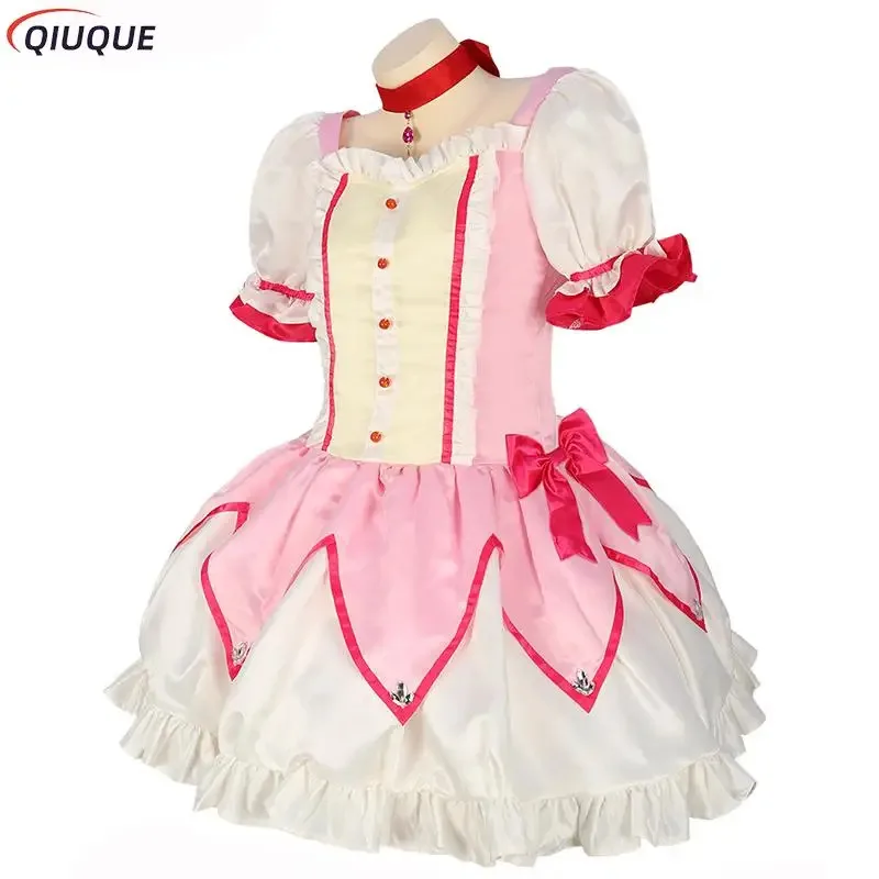 Peruka do Cosplayu Kaname Madoka Anime Puella Magi Madoka Magica Różowa Sukienka Balowa Strój Uniform na Halloween dla Kobiet Dziewczyn