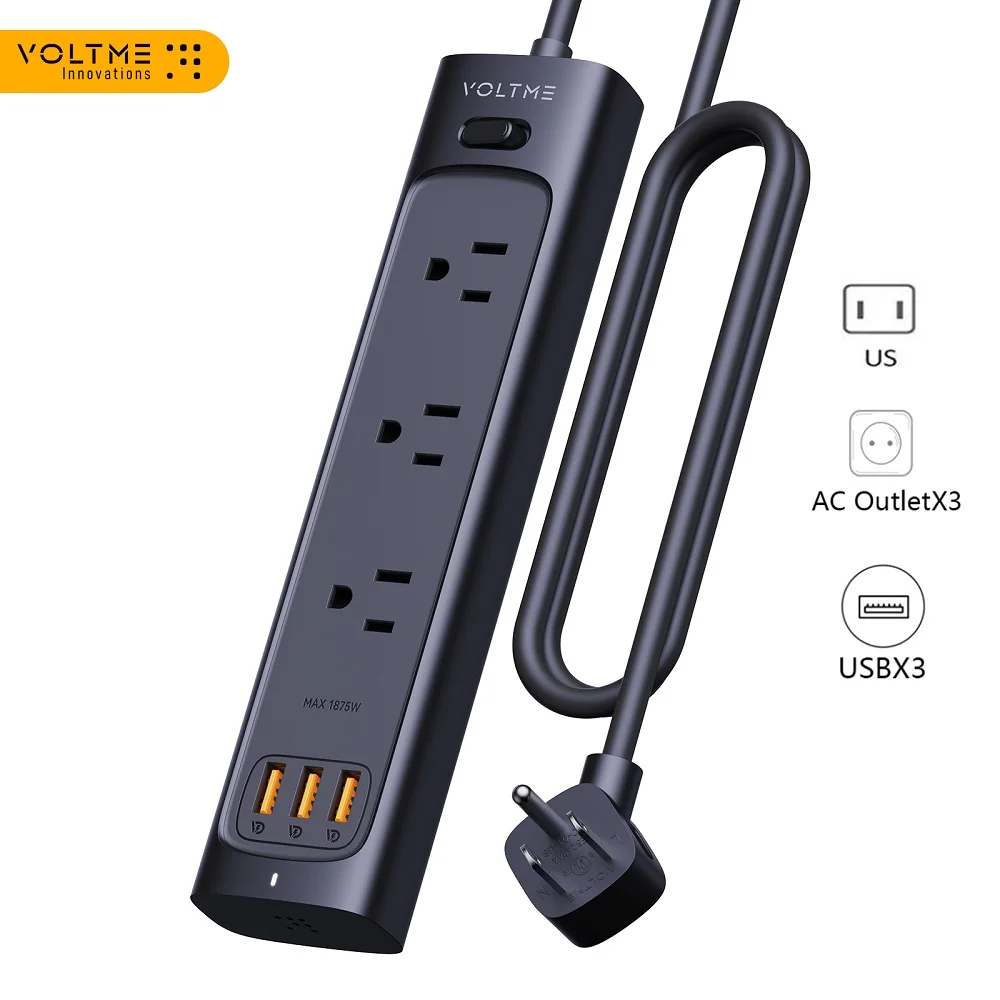 VOLTME US Plug Power Strip 18W Multitap Socket Extension Cord Electrical Power Strip With USB PD Fast Charging Network Filter