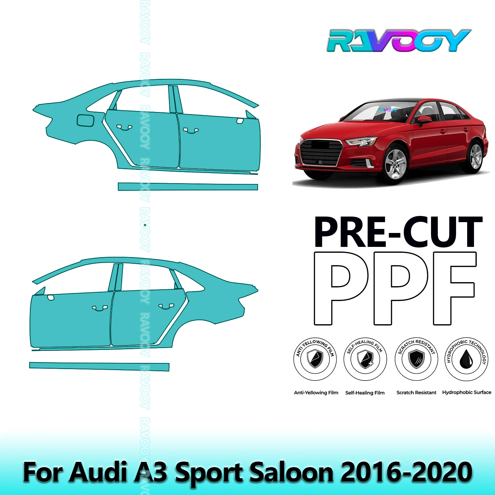 

For Audi A3 Sport Saloon 2016-2020 8.5mil Clear Matte Pre-Cut PPF Door & A/B Pillar Kit TPU Paint Protection Film Set