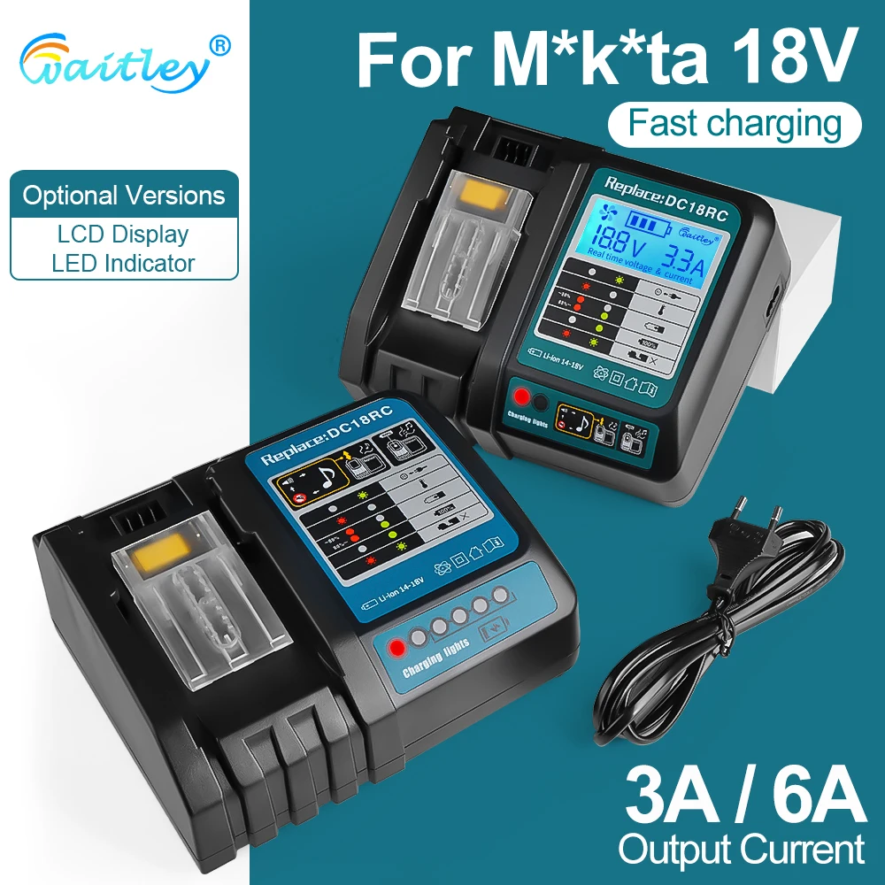 Caricabatterie Waitley DC18RC per batterie di utensili elettrici Makita da 14,4 V a 18 V, caricabatterie intelligente a ricarica rapida da 3 A/6 A con display e ventola di raffreddamento / spina