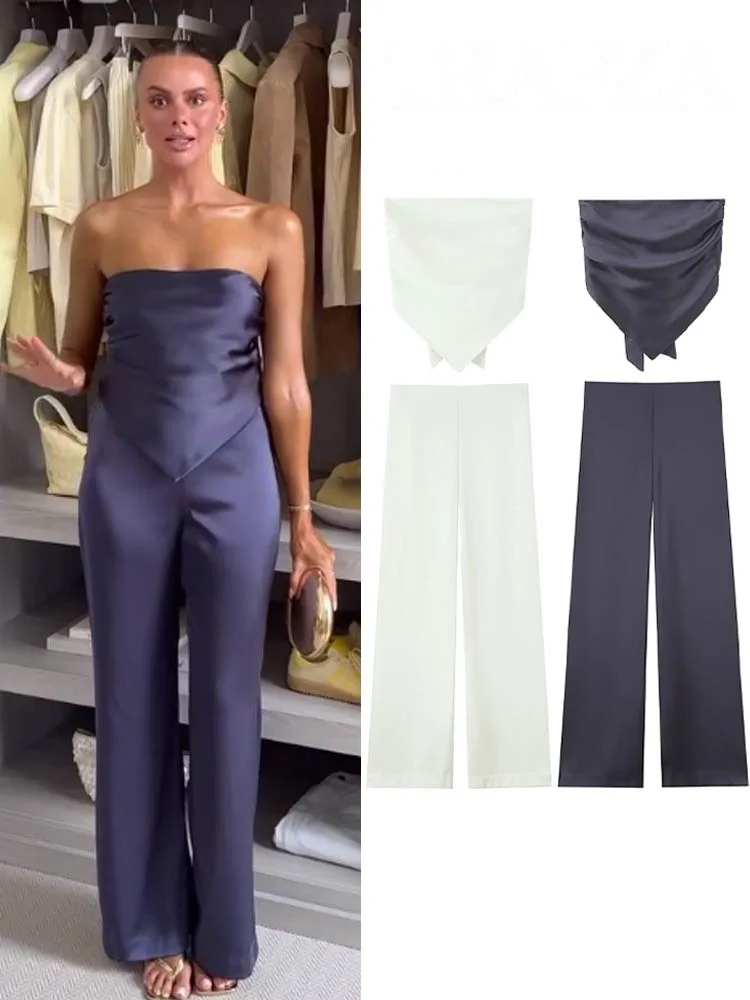 

HH женский летний сексуальный кружевной короткий топ без рукавов с открытой спиной + высокая талия на боковой молнии шикарные тонкие длинные брюки шелковая текстура комплект из 2 предметов