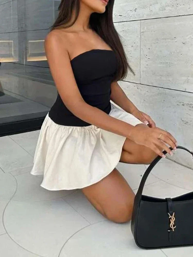 فستان نسائي قصير بقصة ضيقة بدون أكتاف لف الصدر موضة سوداء مرقعة ملابس نسائية مثيرة بدون أكمام فساتين جديدة على شكل حرف a #5