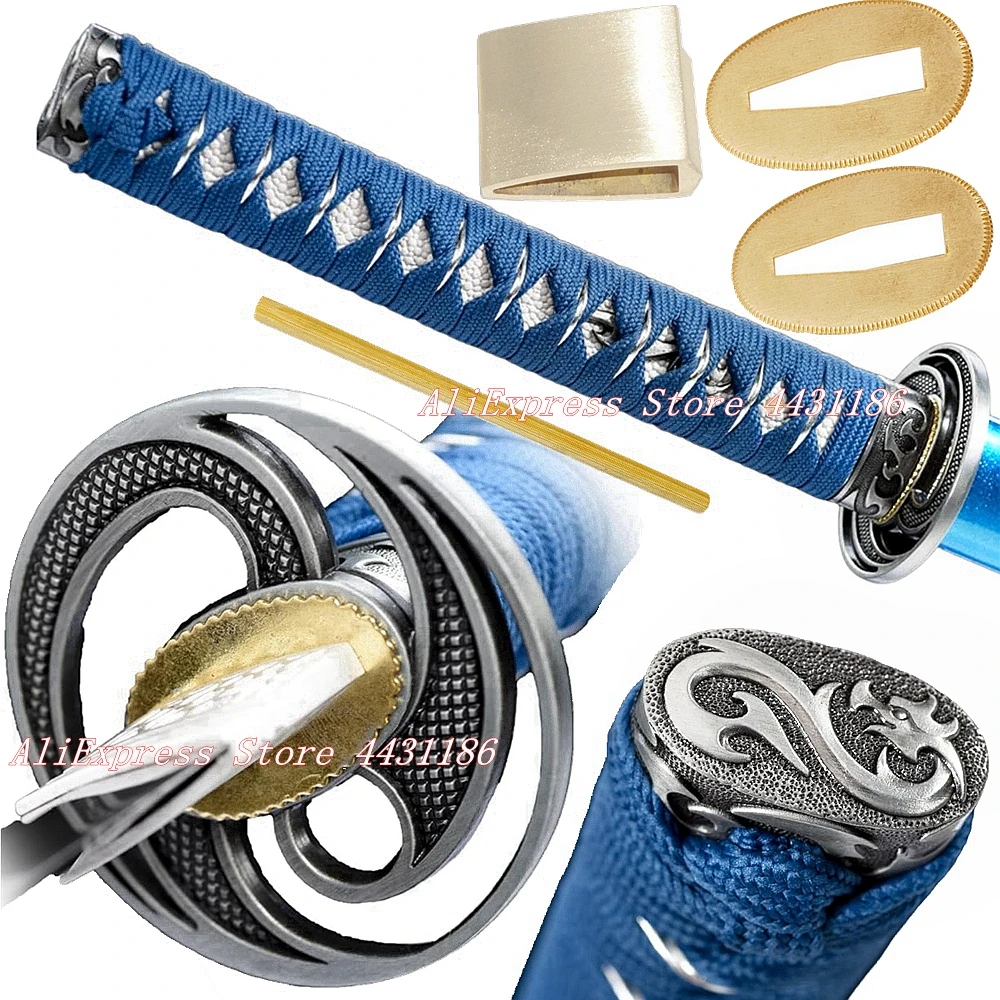 Conjunto de Espadas Samurai Japonesas, Ito Tsuka Katana Azul, Wakizashi, Tanto, Tsuba, Menuki, Fuchi, Kashira, Habaki, Seppa, Punho
