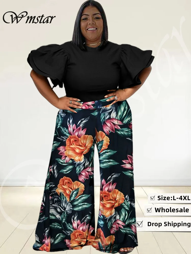 

Wmstar Plus Size Two Piece Set Women 2023 Solid Shirts Tops and Print Pants Pockets Wide Leg Fashion Matching Suit Dropshipping