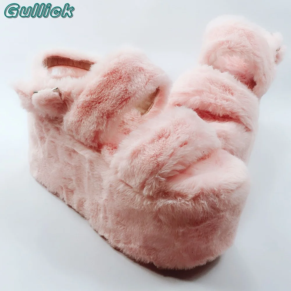 Solid Pink Fur Sandals Open Toe Thick Heel Strappy Back Strap Buckle Strap Light Color Women Outwear 2024 Summer Sandals