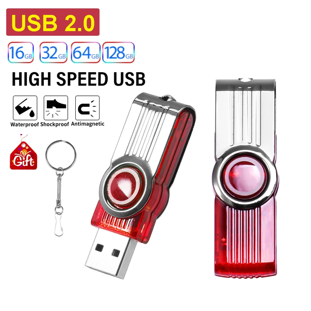 Red Rotatable USB Flash Drive 128GB High Speed Memory Stick 64GB Free Key Chain Pen Drive 32GB 100% Real Capacity Business Gift