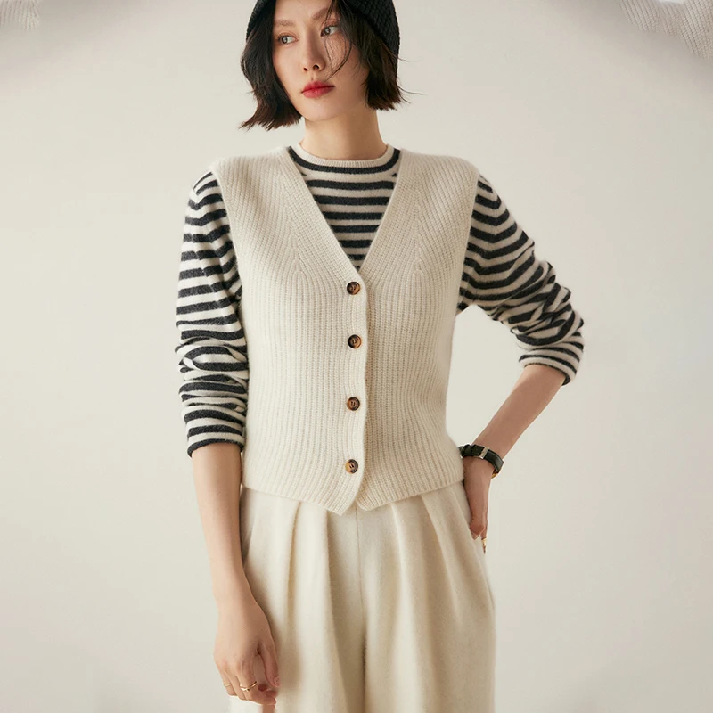 

Autumn Winter Women 100% Cashmere Waistcoat Sleeveless Cardigan Minimalist Style Versatile CasualCashmere Knit Sweater Vest