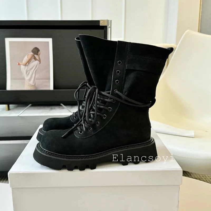 Botas de media pantorrilla de estilo Retro británico para mujer, botas cortas con correa creciente de altura inferior gruesa, botas de trabajo versátiles, primavera y otoño