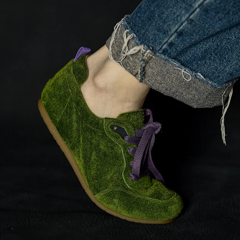 Women Grass Green Genuine Suede Leather Sneakers Contrast Purple Laces Lace‑Up Retro Soft Flat Casual Shoes
