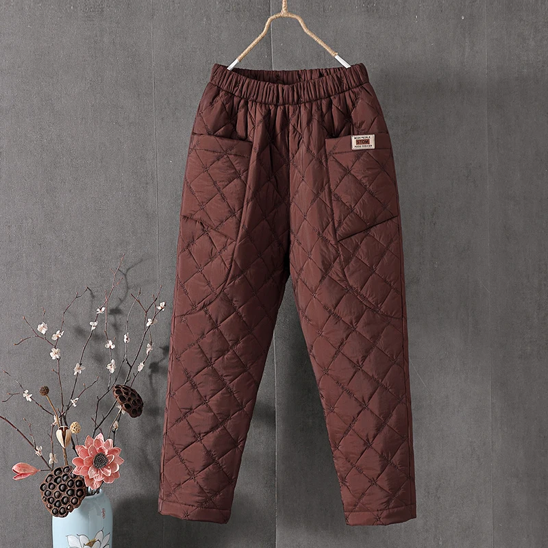 Women Winter Warm Pants Elastic Waist Quilted Padded Trousers Casual Loose Warm Down Cotton Harem Pants Snow Pants