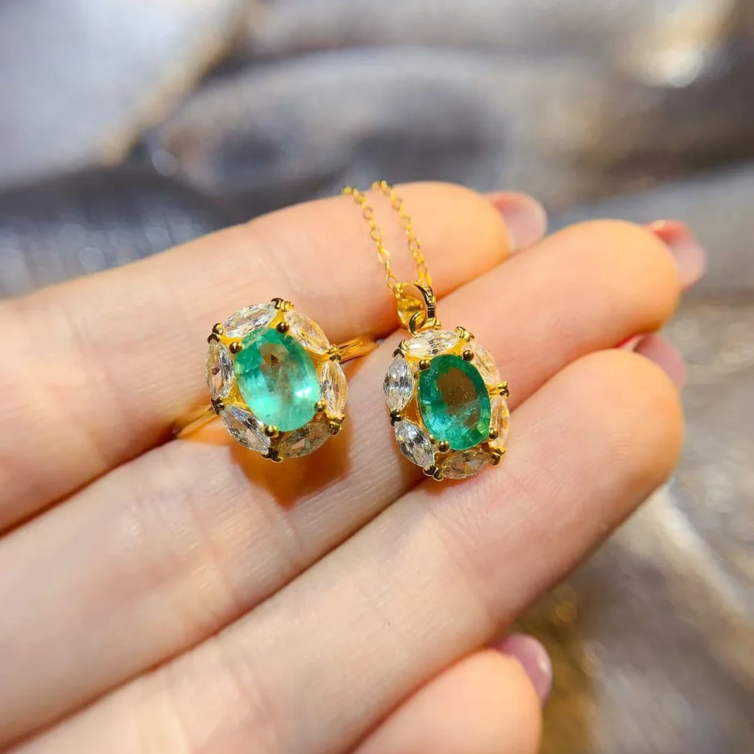 Premium Handmade Natural Emerald Set 6*8mm S925 Pure Silver Fashion Jewelry Fine Cut Gem Luxury Female Presents