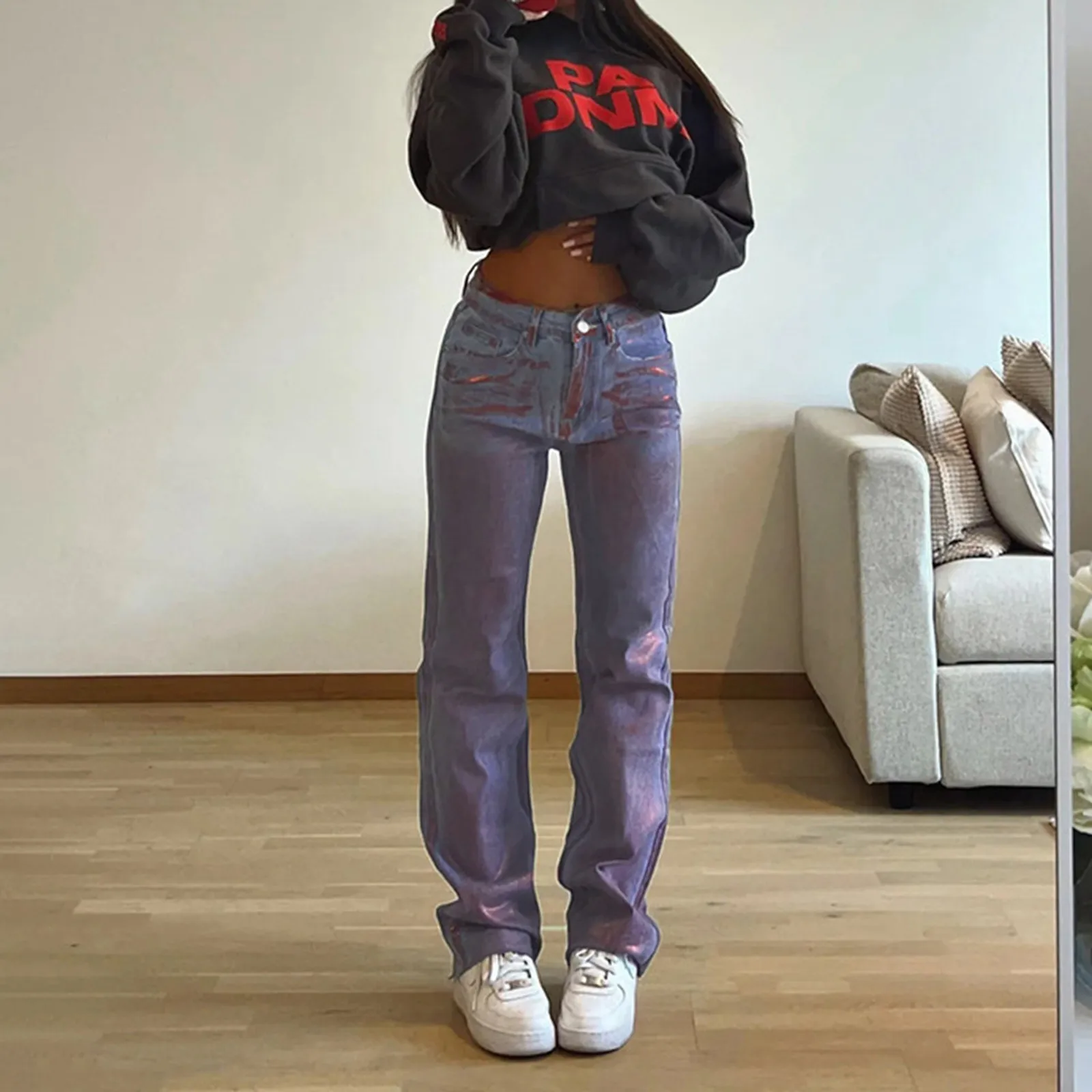 Silver Coated High Waist Straight Jeans Women Fashion Basic Long Pants Women's Denim Pants Casual Trousers Korean Streetwear