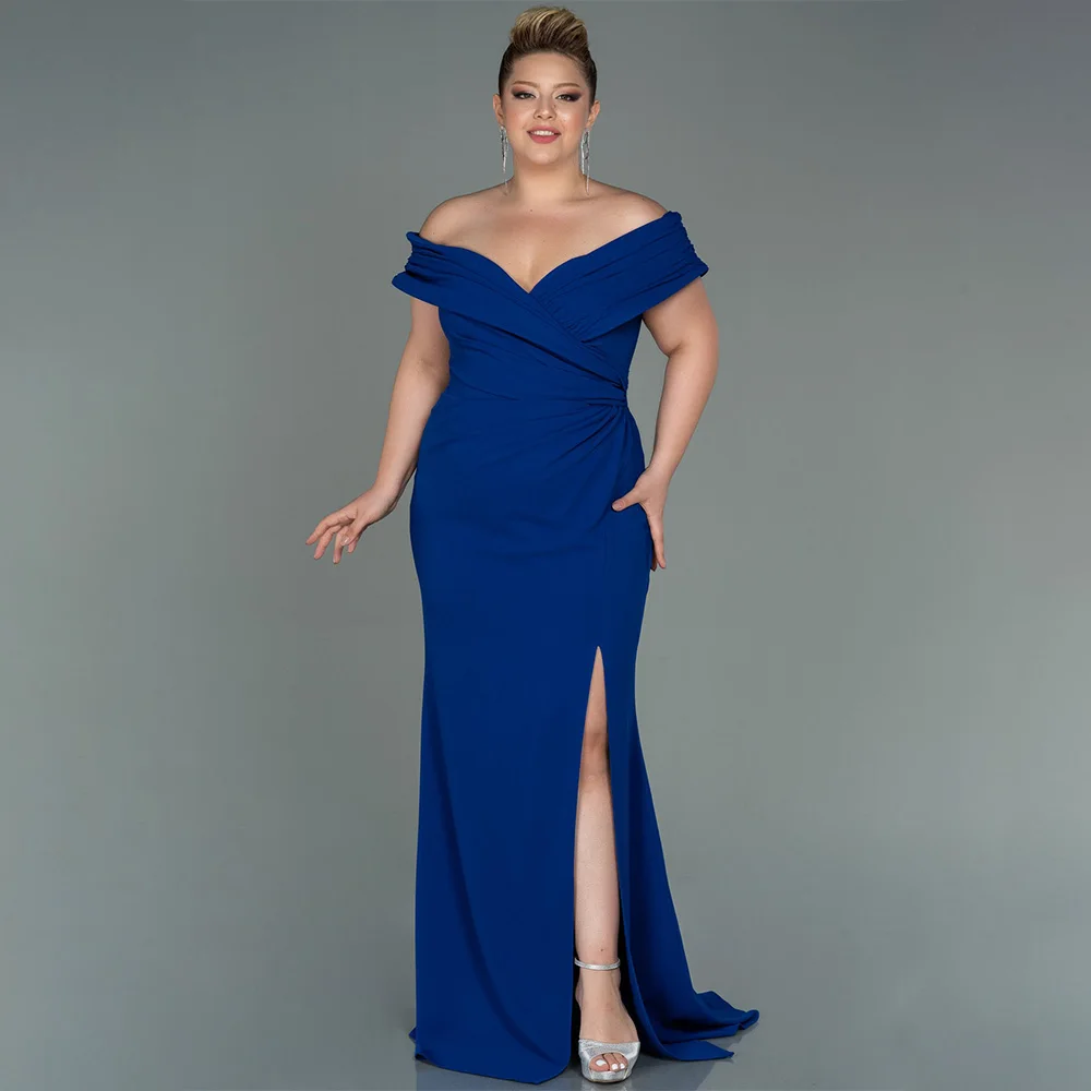 

Mermaid Mother of Bride Dresses Plus Size Off Shoulder Wedding Guest Gowns for Women Dark Royal Blue Formal Evening Gown