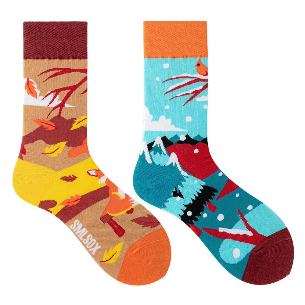 زوج واحد من الجوارب النسائية Fox & Snowman غير المتكافئة - جوارب الخريف الثعلب والشتاء على شكل رجل ثلج متباينة لمنتصف الساق