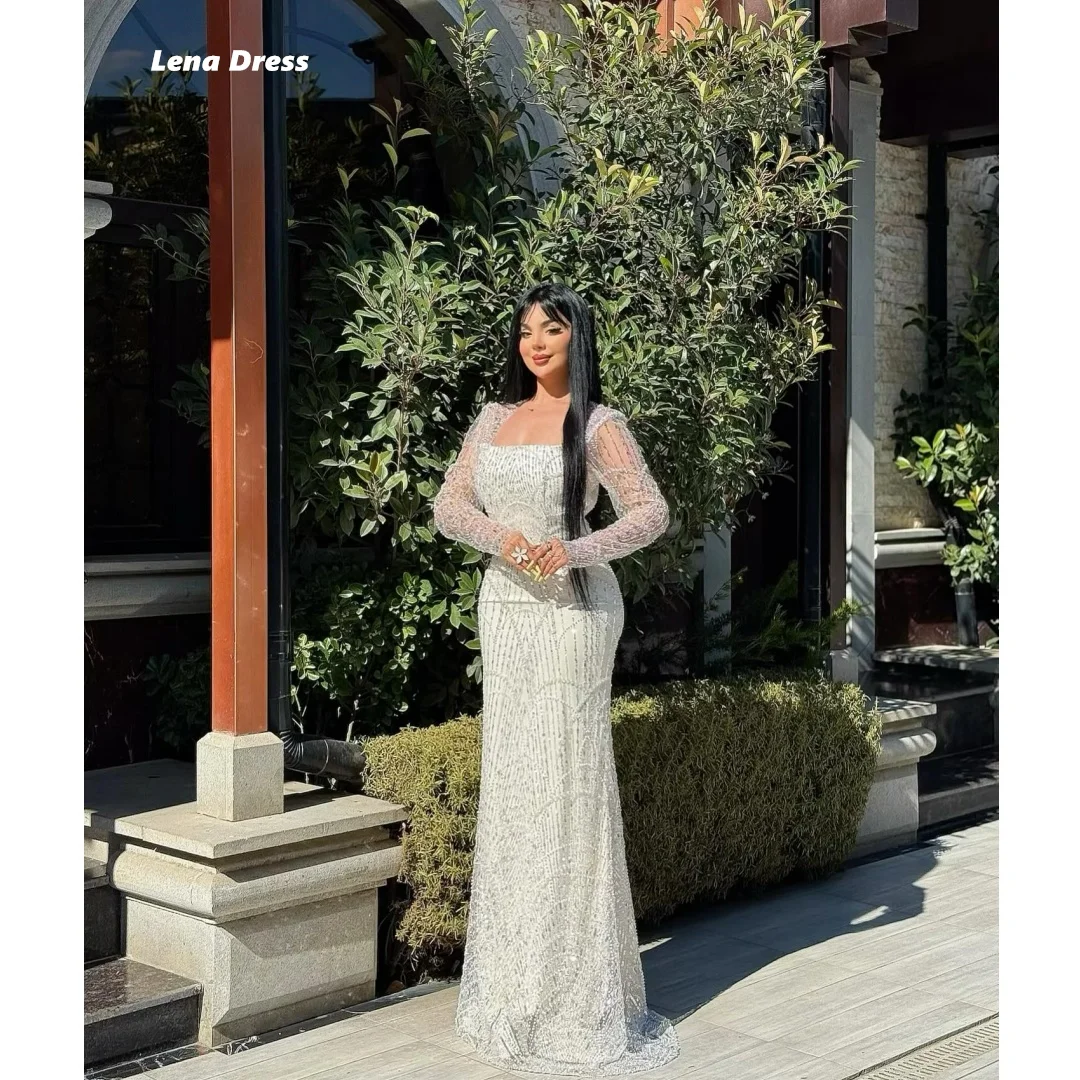 Lena Perlenkleider 2025, luxuriöse Abendkleider für besondere Anlässe, quadratischer Kragen, maßgeschneidertes Abschlussball-Luxuskleid mit langen Ärmeln