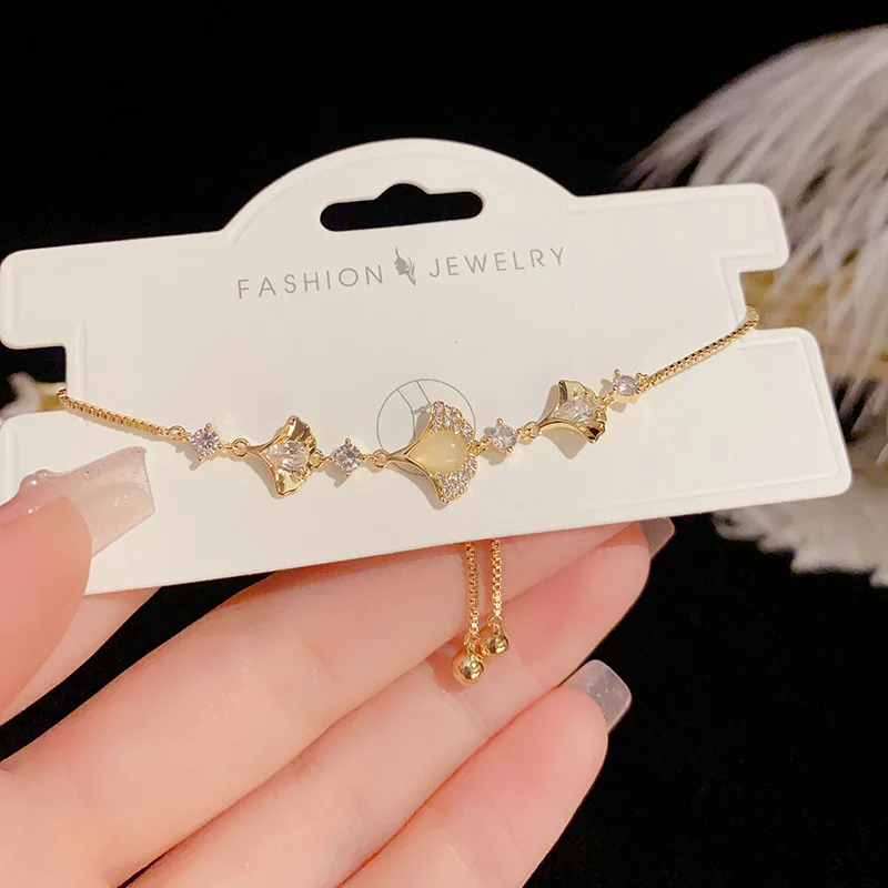 Exquisite 14K Gold Plated Zircon Ginkgo Leaf Charm Bracelet For Women Party Classic Plant Fine Jewelry Light Luxury Accessories