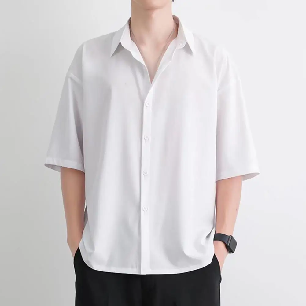 Camisa informal transpirable para hombre, camisa de verano de Color sólido con cuello vuelto, diseño de un solo pecho, comodidad informal