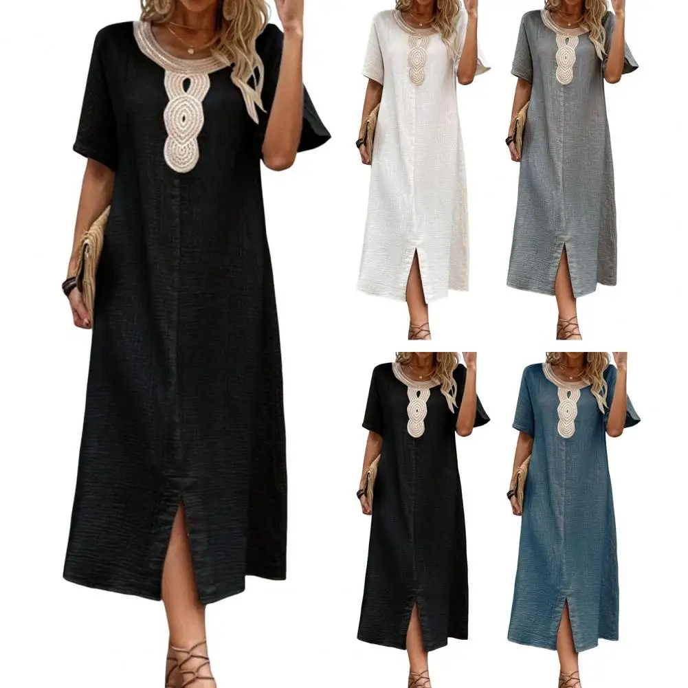 Long Loose Dress Women Dress Bohemian Retro Midi Dress with Split Hem O Neck for Women Vacation Style with Short Sleeves