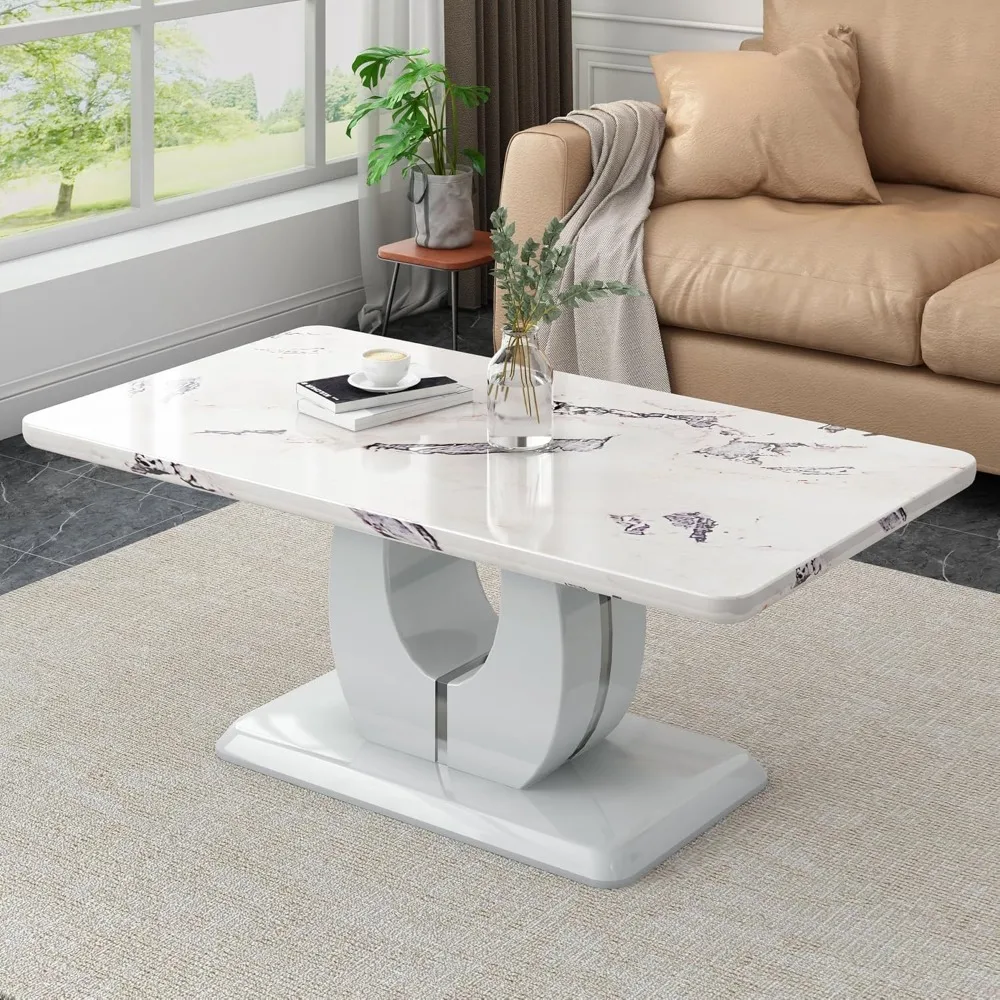 

Modern Imitation Marble Coffee Table with Storage for Living Room - Rectangular Accent Table with Stable Base