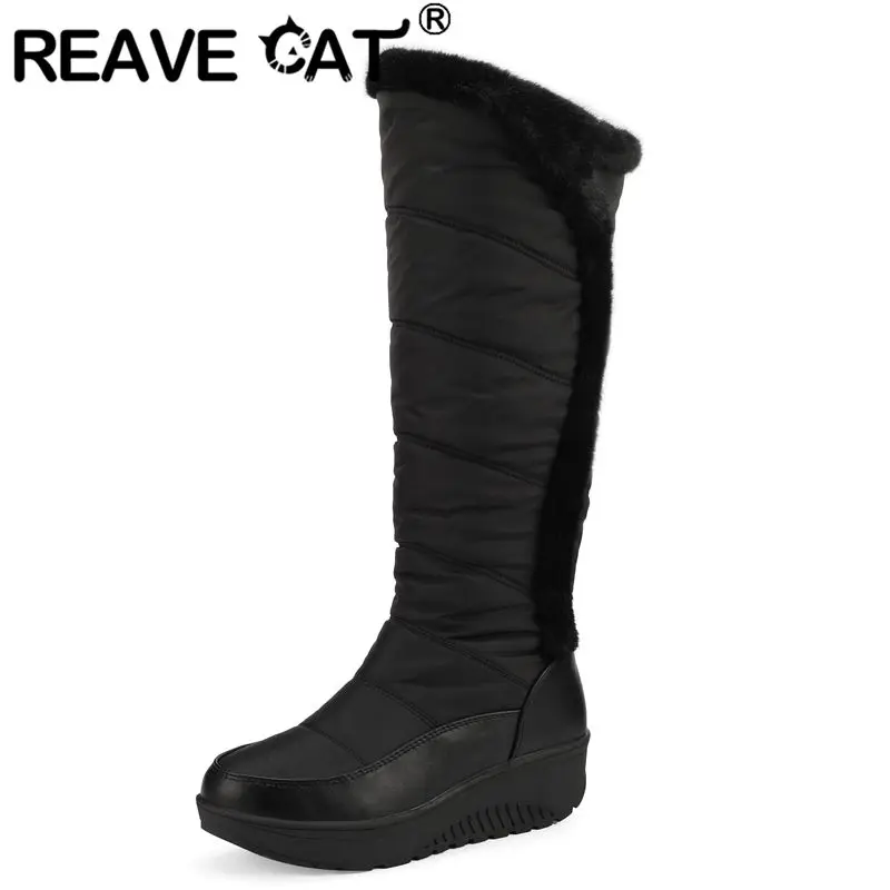 

REAVE CAT Black Women Knee High Boots Round Toe 5cm Wedges Heel Slip On Outdoor Waterproof Warm Plush Snow Bota Oversize 42 43