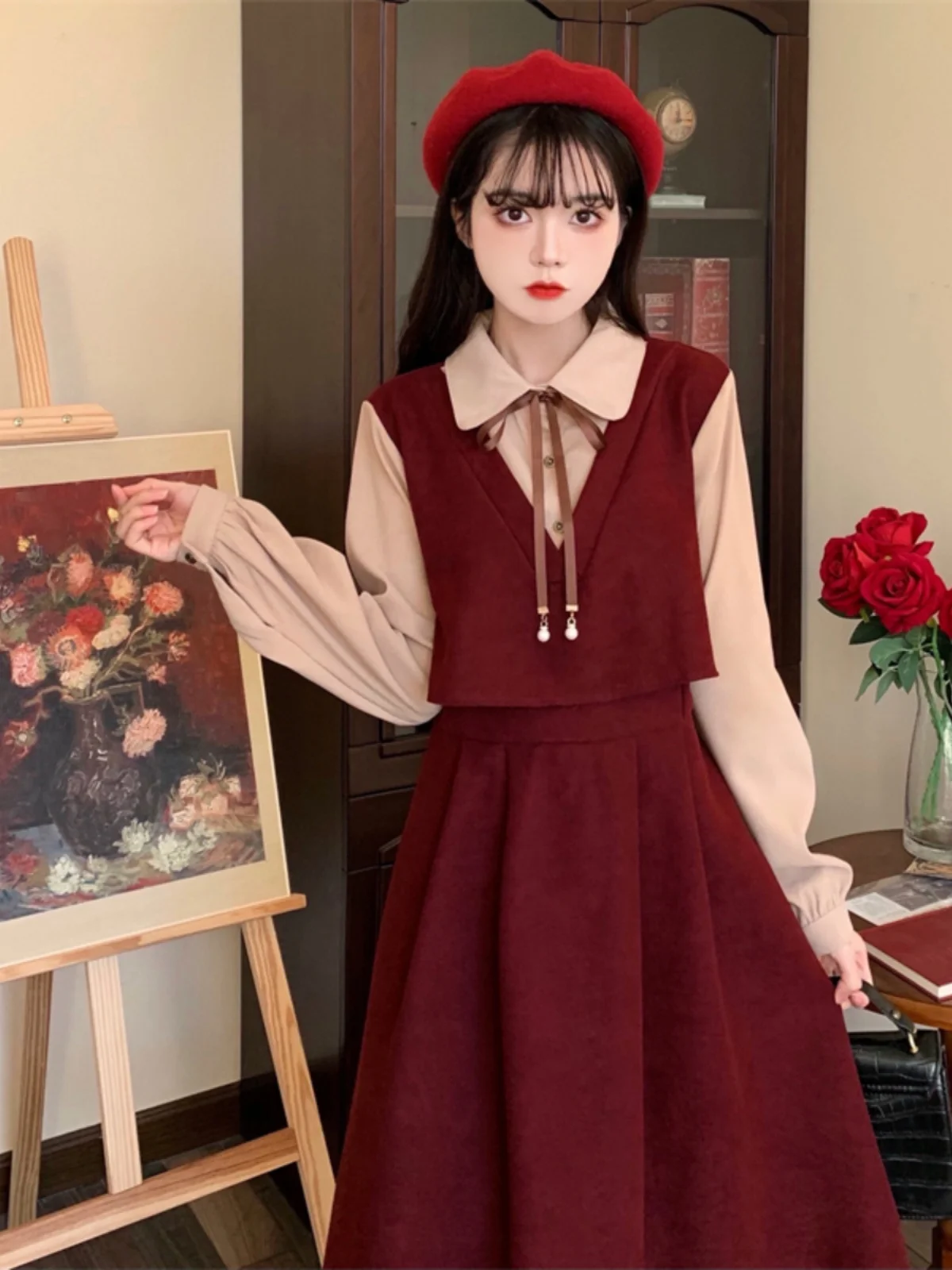 Spring and Summer New Arrival Corduroy Long Sleeves Dress Plus Size Women's Clothing Chubby Slimming Preppy Sle Vest Suspen...