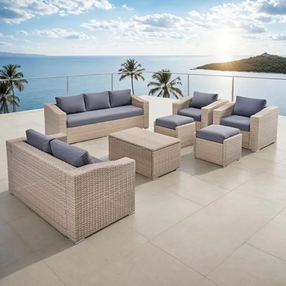 

10-Piece Outdoor Patio Furniture Set, Wicker Outdoor Couch Conversation Set with Storage Coffee Table, 2 Ottomans, Patio Sectio