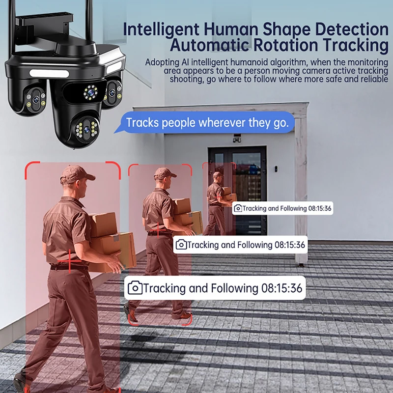 12MP HD Wifi PTZ Camera Outdoor Triple Lens Three Screen AI Auto Tracking IP Camera CCTV Audio Video Surveillance Cam