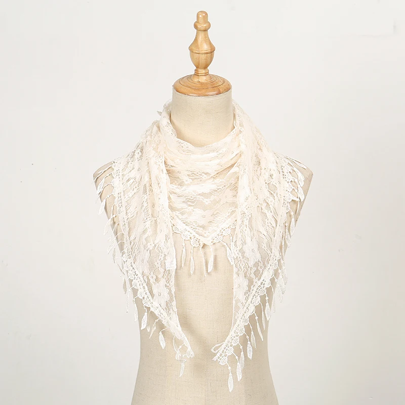 New Women Lace Triangle Scarf Embroidery Fringed Shawl Hot Sale Female Muslim Hijiab Solid Color Triangle Scarf Shawls