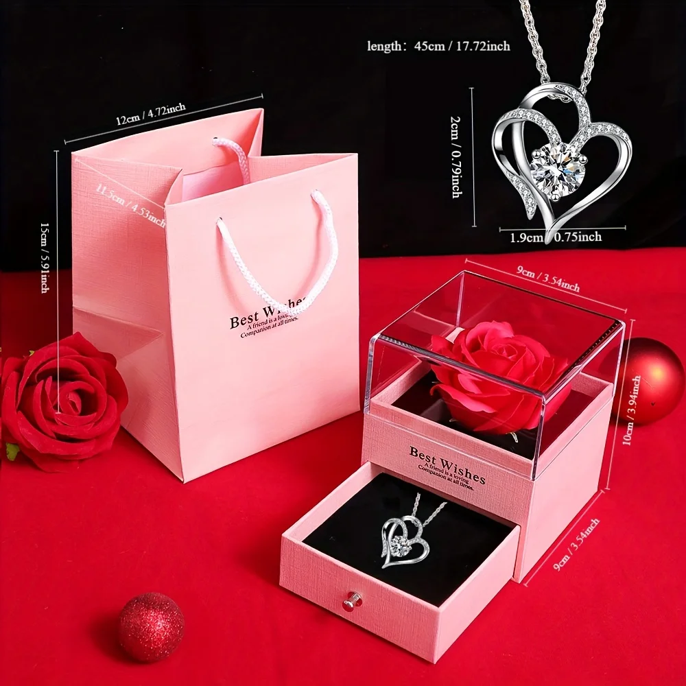 قلادة مع صندوق هدايا على شكل زهرة وردية، سلسلة أحبك على شكل قلب لصديقتك، مجوهرات حفلات الذكرى السنوية الرومانسية #3