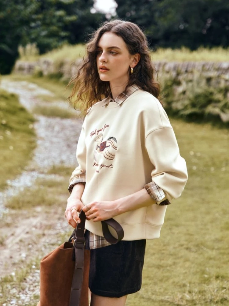 OLrain Women Sweatshirts Autumn 2025 New American Style Casual Loose Pullover Embroidered O-neck Knitted Tops Female O57QR001315